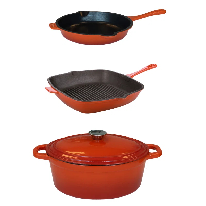 BergHOFF BergHOFF Neo 4 Pc Cast Iron Cookware Set with Fry Pan, Grill Pan, and 5Qt. Covered Dutch Oven