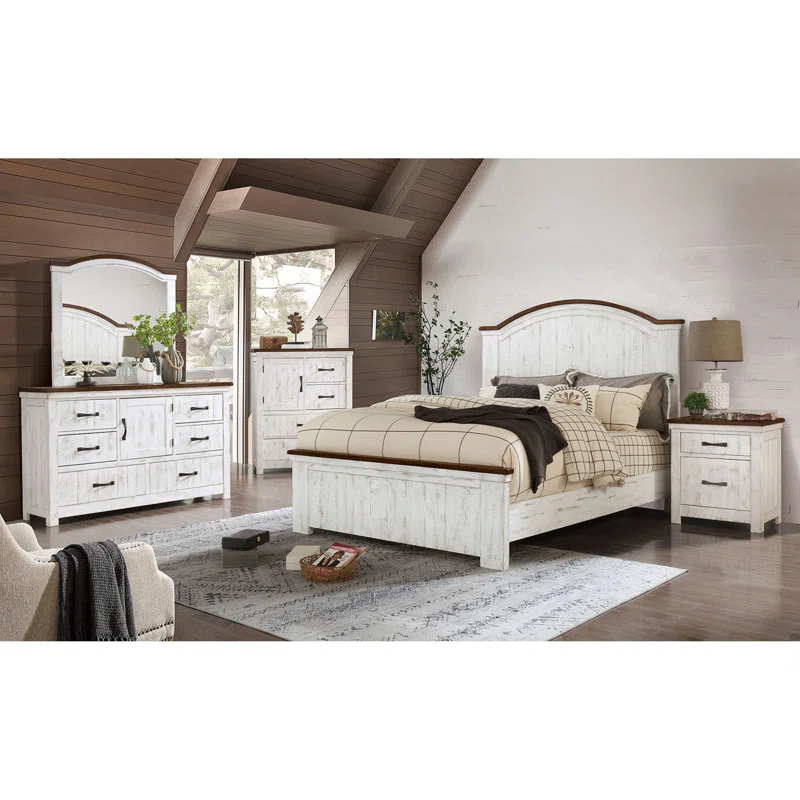 Bloomsbury Market 3 Drawers Nightstand with USB Chargers, Distressed White and Walnut