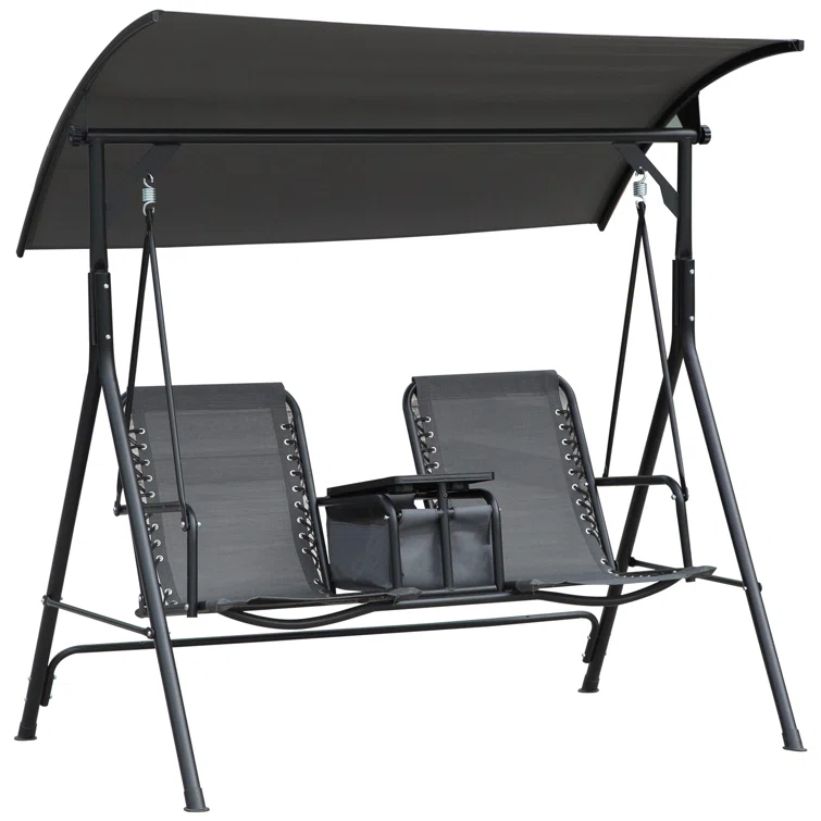 Arlmont & Co. Atay 2 Person Covered Porch Swing with Pivot Storage Table, Cup Holder, & Adjustable Overhead Canopy