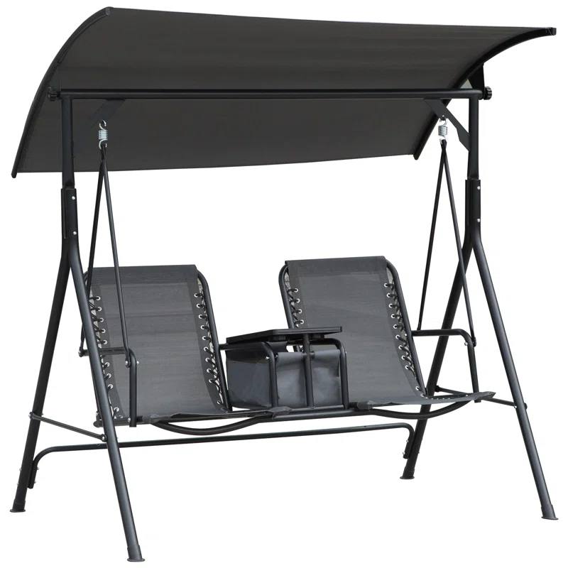 Arlmont & Co. Atay 2 Person Covered Porch Swing with Pivot Storage Table, Cup Holder, & Adjustable Overhead Canopy
