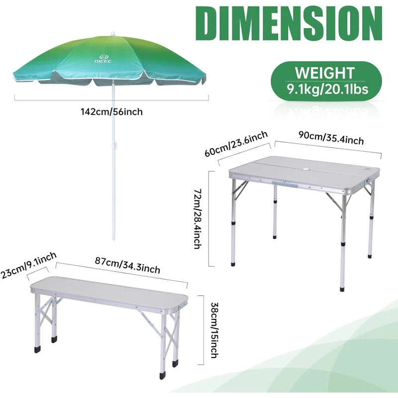 MUKE Folding Picnic Table with 2 Benches & Umbrella, Mesh Net for Outdoor, Patio, Lawn, & Backyard