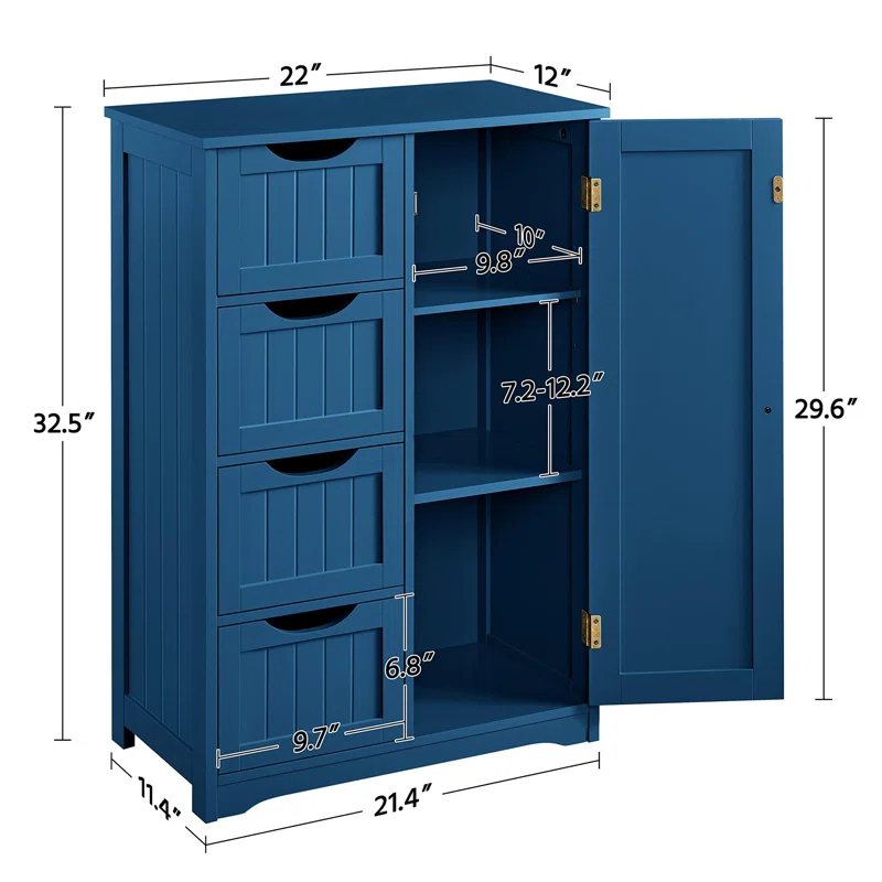 Wooden Bathroom Storage Organizer Cabinet with 4 Drawers and 1 Cupboard