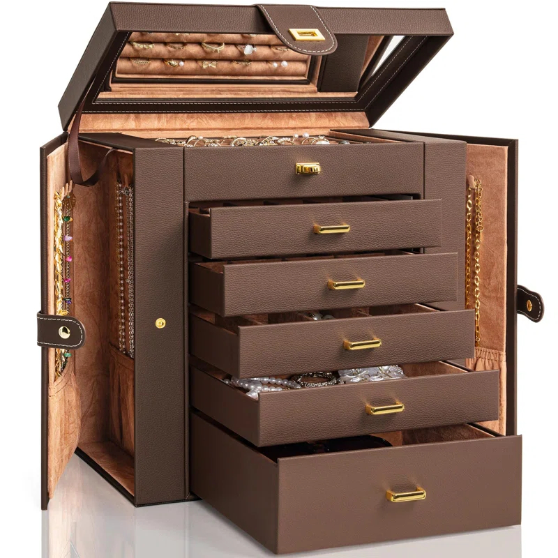 Rosdorf Park Extra Large 6-Tier Jewelry Box Organizer With Mirror, 5 Drawers Leather Jewelry Storage Case Ring Necklace Earring Bracelet Brown