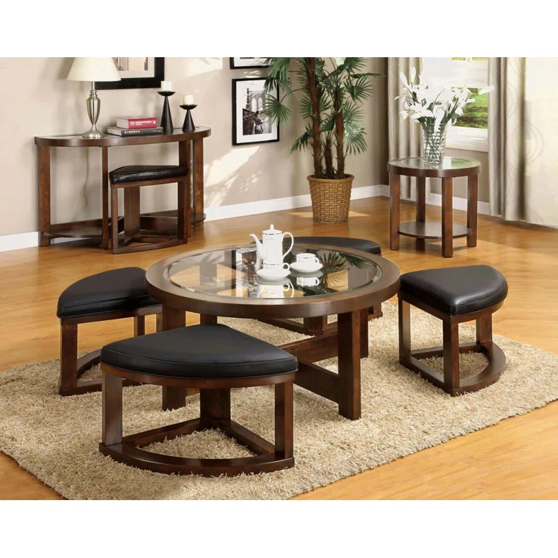 Hokku Designs Dark Walnut Coffee Table Glass Insert Top Ottoman Included Table Set Living Room Furniture