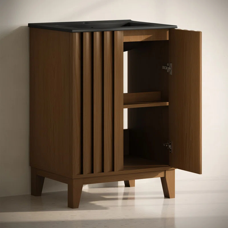 Swiss Madison Troyes 24" Freestanding Bathroom Vanity In Brown Oak With Black Sink Top
