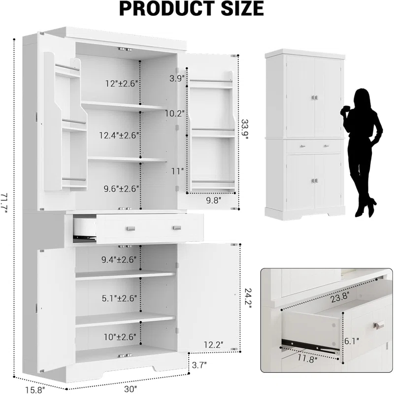 Lark Manor™ 72" Tall Kitchen Pantry Storage Cabinet, Freestanding High Wooden Cupboard With 4 Doors And 1 Drawer, 2 Adjustable Shelves And 6 Door Shelves