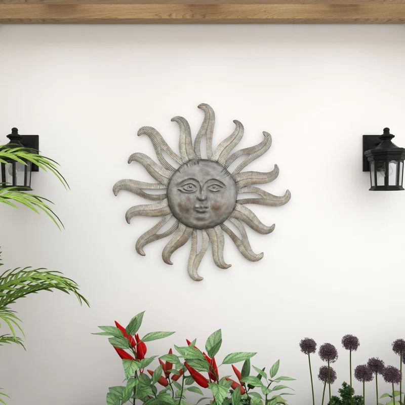 Metal Indoor Outdoor Face Sun Gray Wall Decor with Ribbed Detailing