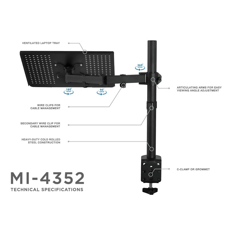 Mount-it Mount-It Height Adjustable Laptop Desk Stand with Articulating Vented Laptop Tray Mount & C-Clamp