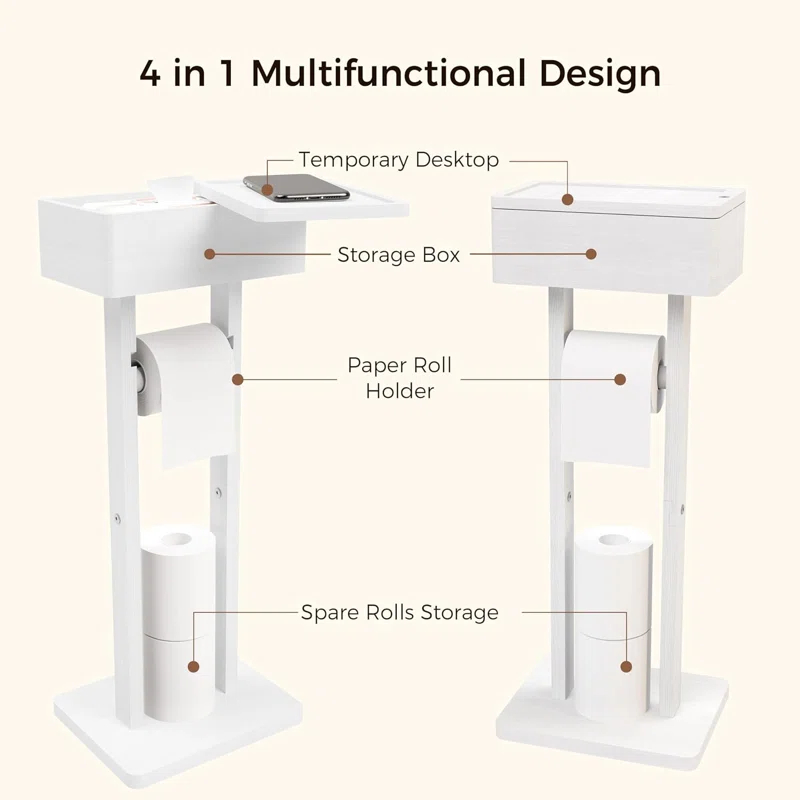 Hokku Designs 4-In-1 Bamboo Toilet Paper Holder Stand With Storage Shelf, Free Standing Toilet Tissue Roll Organizer, 360° Rotating Lid, Extra Storage For Bathroom Essentials