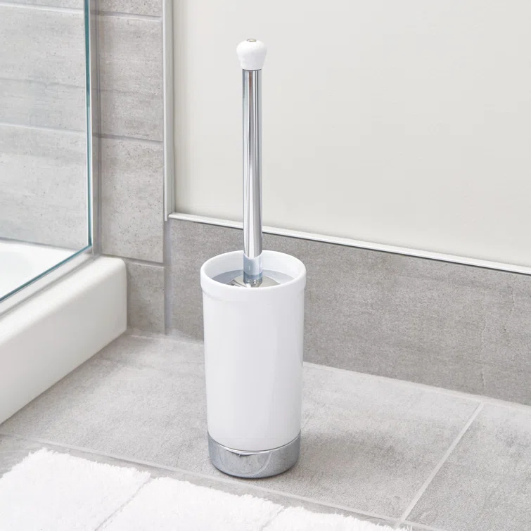 iDesign iDesign York Ceramic and Metal Toilet Bowl Brush Set, Classic Design Slim Compact Bowl Brush and Holder, 4.25" x 4.25" x 17.5", White and Chrome