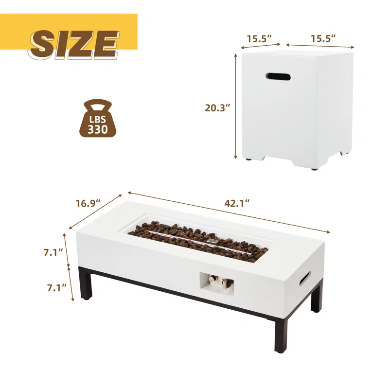 2-Piece 42" Outdoor Rectangle Propane Fire Pit Table With Tank Holder And Shelves