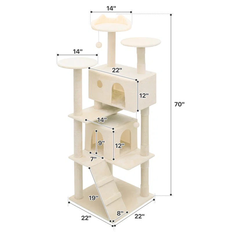 70" Cat Tree Tower With Scratching Posts, Multiple Cat Caves, Top Perch, And Play Features For Indoor Cats