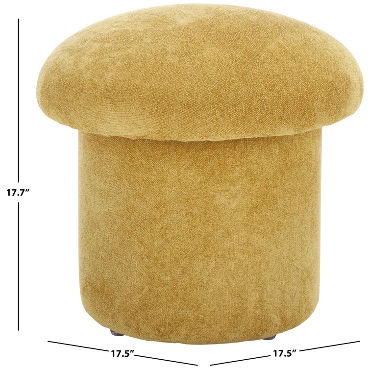 Mustard Yellow Upholstered Round Ottoman with Solid Wood Base