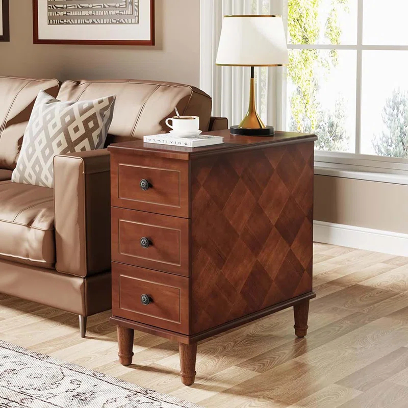 Hokku Designs Solid Wood End Table, Fully Assembled Narrow Side Table With Drawers, Pre-Assembled Nightstand Slim Bedside Table For Small Spaces, Living Room, Bedroom, Brown