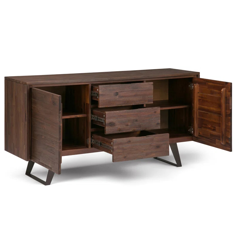 Simpli Home Lowry 60"W Solid Wood Modern Industrial 2-Door Sideboard Buffet with 3 Center Drawers