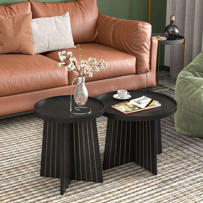 Gracie Oaks Round Fluted Nesting Coffee Table, 2 Piece Coffee Table Set For Living Room, Office, Balcony
