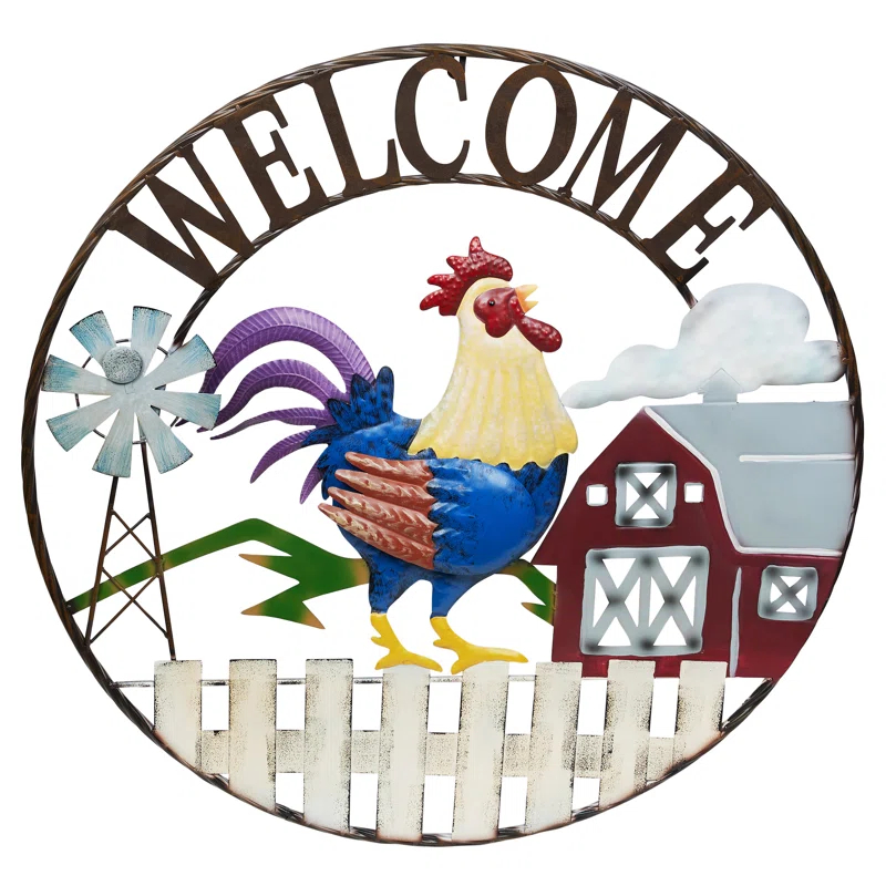 Alpine 30"H Large Round Rooster and Farm Welcome Wall Sign
