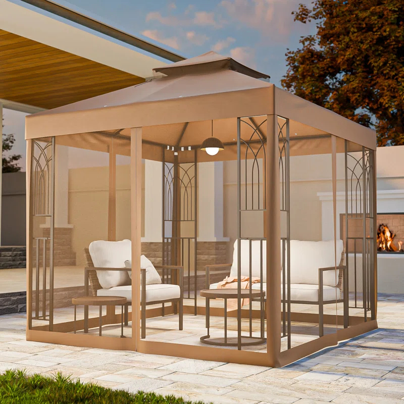 COOS BAY 8 Ft. W x 8 Ft. D Steel Frame Vented Soft Top Patio Gazebo with Mesh Netting, Corner Shelves