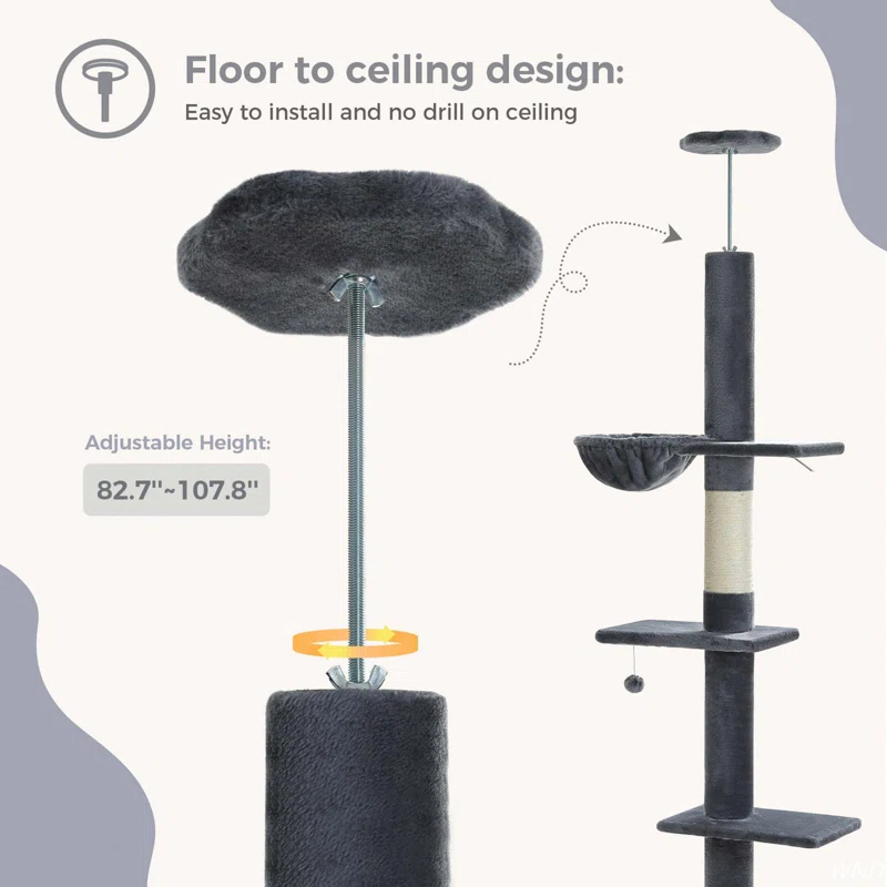 Adjustable Height Floor To Ceiling 5-Tier Tall Cat Tree Tower For Indoor Cats With Cat Condo, Cat Scratching Post And Cat Ladder