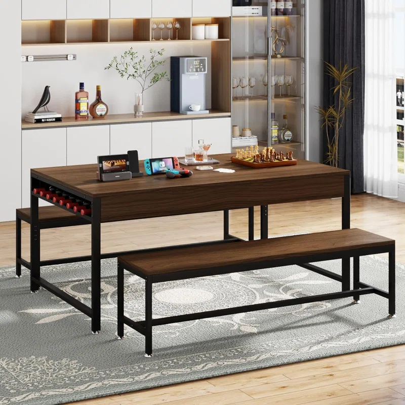 17 Stories Zubie 63"Dining Table Set for 4-6, 3-Piece Kitchen Table with 2 Utensil Drawers,2 Benches&Wine Rack
