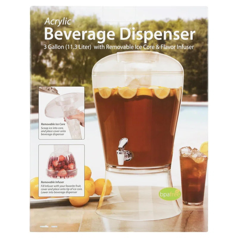 Bloomsbury Market Beverage Dispenser With Ice Cylinder And Fruit Infuser, 3 Gallon, Clear
