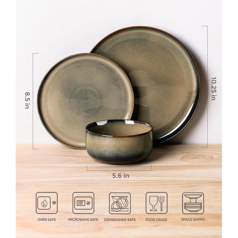One Allium Way® 12-Piece Reactive Glaze Plate and Bowl Set, 4-Person Dinnerware Set, Scratch Resistant Dinnerware Set