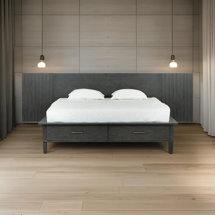 Benjara Cid Queen Platform Bed, 2 Drawers, Wall Headboard
