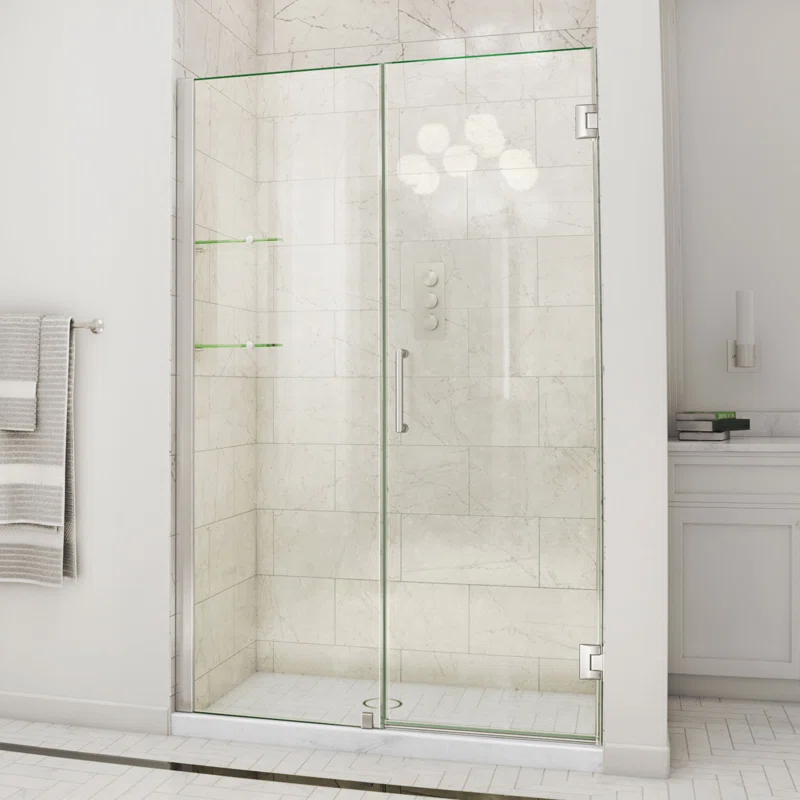 Unidoor Frameless Hinged Shower Door with Glass Shelves