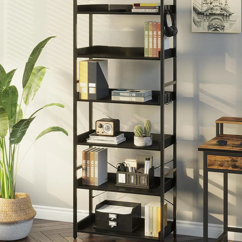 Bookshelf 6 Tier with 4 Hooks, Industrial Bookcase, Vintage Storage Rack with Open Shelves