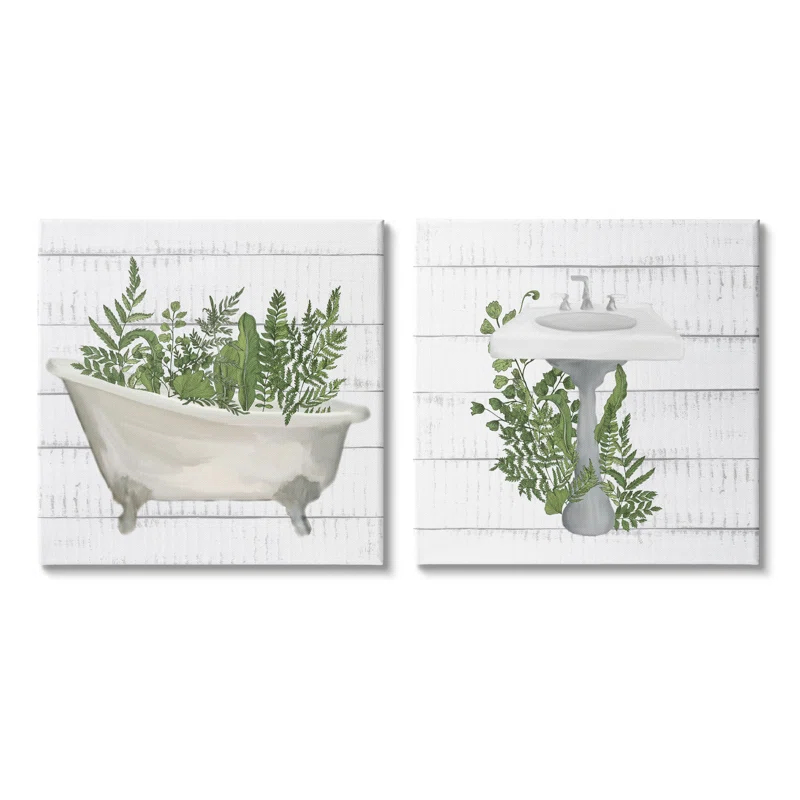 Stupell Industries " Rustic Botanical Herbs Bathroom Sink Bathtub Ferns " by Kim Allen 2 - Pieces
