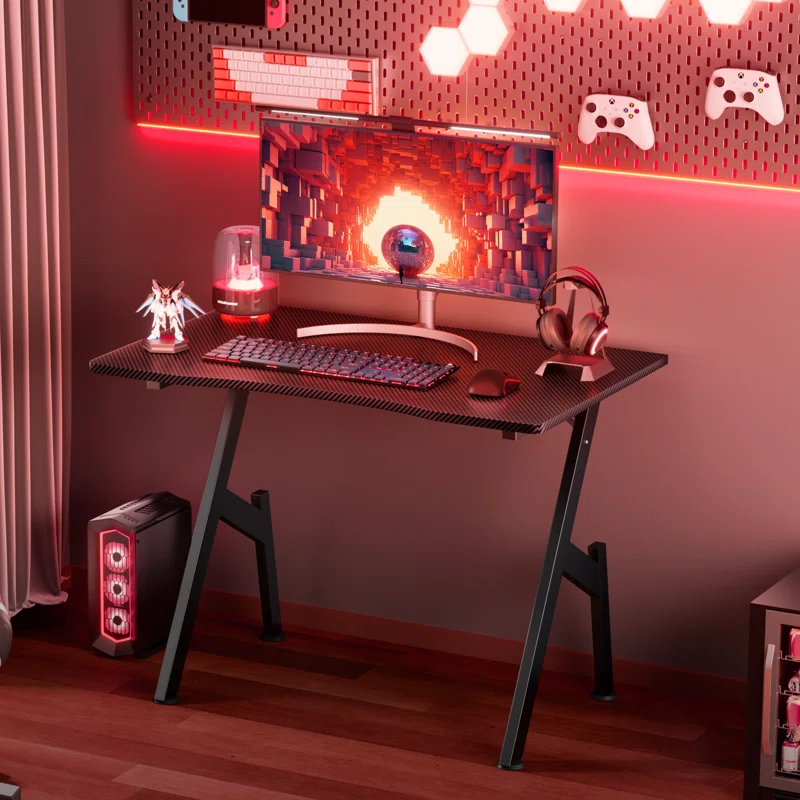 Wrought Studio™ Wrought Studio Gaming Desk With Carbon Fibre Surface- A Shaped Gamer Desk Computer Workstation Home Office Ergonomic PC Desk Simple Gaming Table Home Office Desks