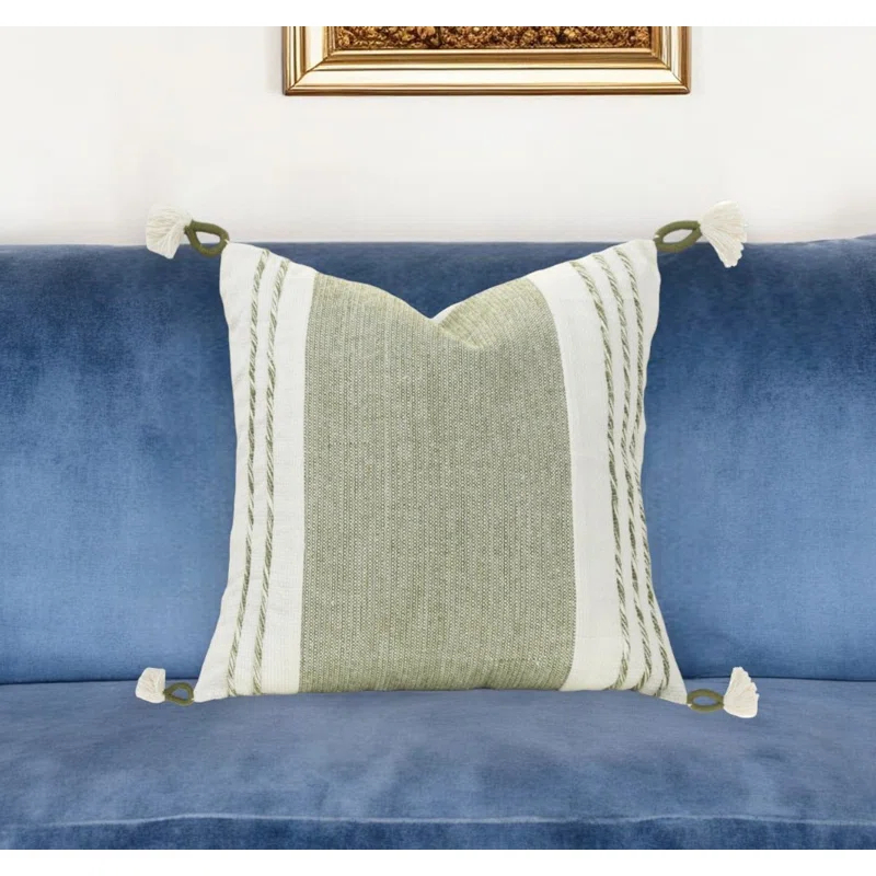 Moss Green and White Cotton Square Decorative Pillow with Tassels