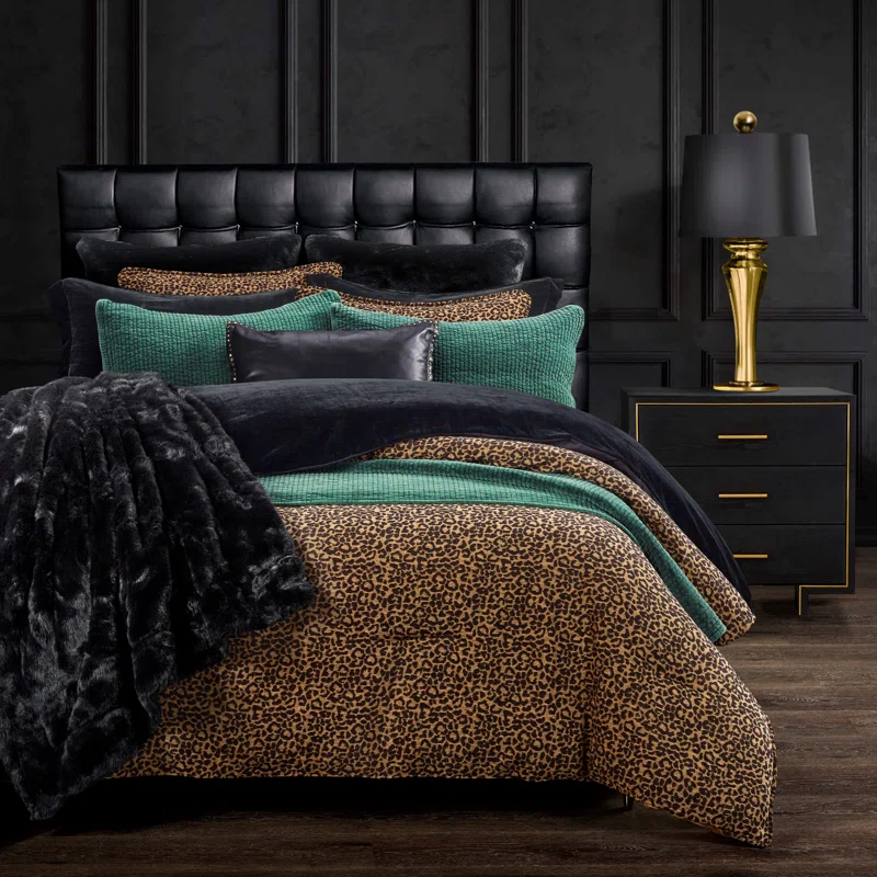 Adrienne Gold Black Leopard Print Chenille Fabric Classic Modern Rustic Duvet Cover Set