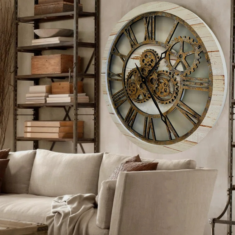 The Gears Clock Wall Clock 24" Round Oversized for Living Room decor with Real Moving Gears America Collection