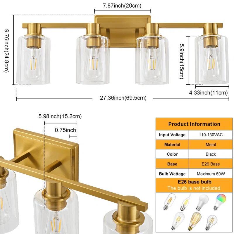 4 - Light Dimmable Vanity Light Mirror Headlights