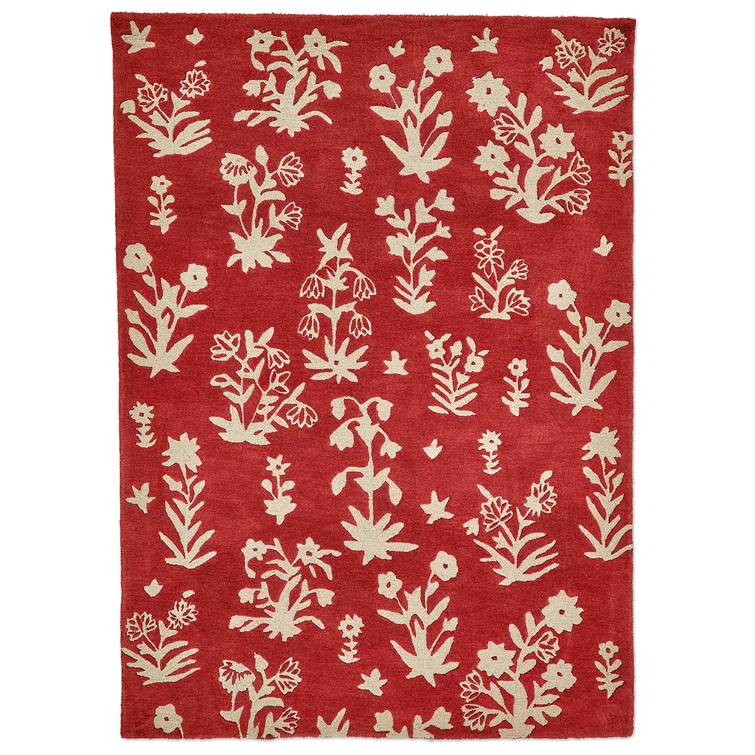 Sanderson Rectangle Floral Hand Tufted Wool Area Rug in Beige/Red | Perigold