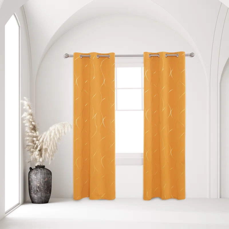 Everly Quinn Boulus Gold Foil Print Blackout Thermal Insulated Grommet Curtains Set Of 2