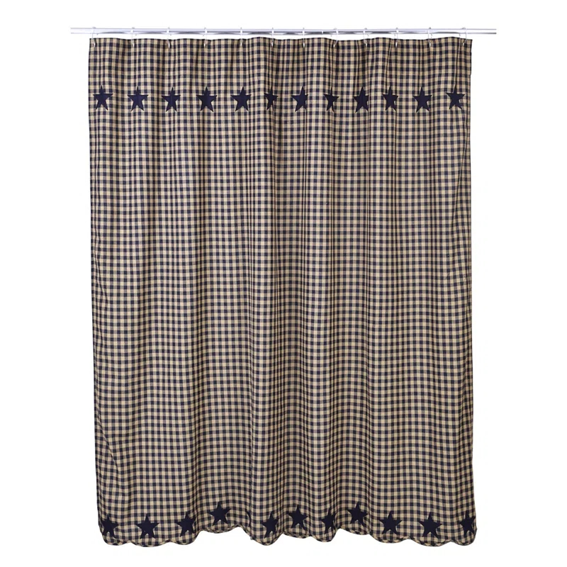 VHC Brands Navy Star Cotton Blend Checkered Shower Curtain with Liner Included