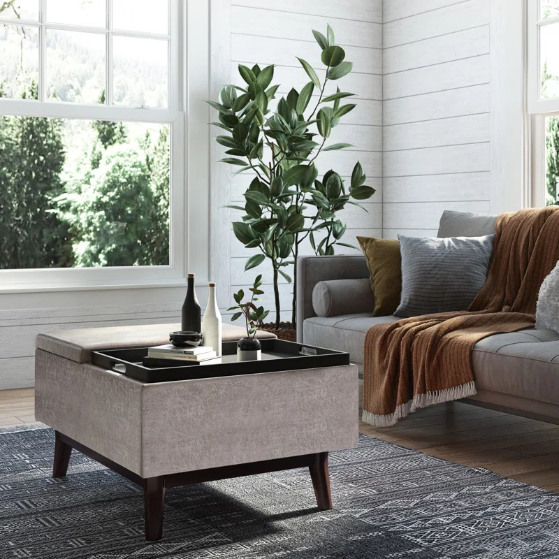 Simpli Home Owen 34"W Small Upholstered Coffee Table Storage Ottoman with Flip-Over Tray Top and Solid Wood Legs