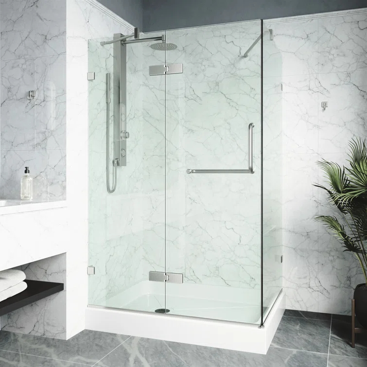 VIGO Monteray 48" W x 32" D x 79" H Hinged Frameless Shower Enclosure with 3/8  Clear Glass & Base VG6011BNCL48WL