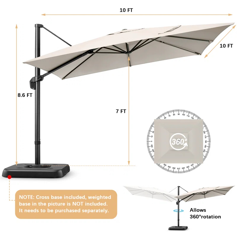 HOTEEL 10'x10' Aluminum Cantilever Umbrella - 360° Rotation & 5-Tilt Angles for Patio, Poolside & Outdoor