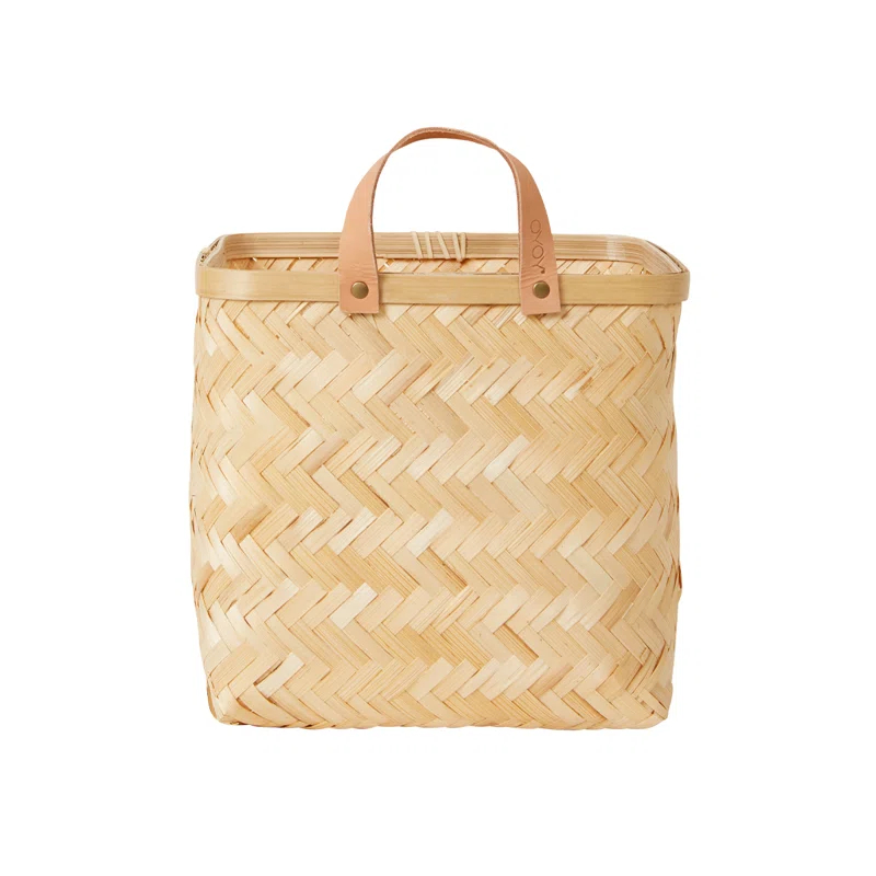 Natural Bamboo Square Wall Basket with Leather Strap