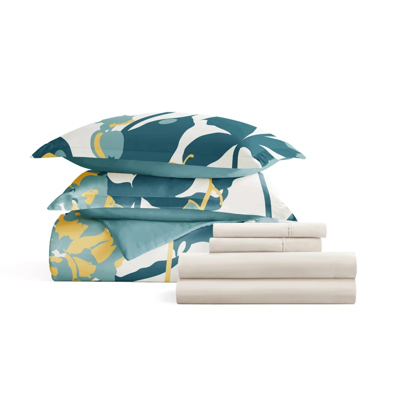 8-Piece Reversible Bedding Bundle - Patterned Duvet Cover, Comforter Insert and Solid Sheet Set