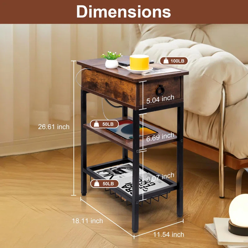 Hokku Designs Rustic Slim Side Table With USB Ports, Outlets & Charging Station For Living Room & Bedroom