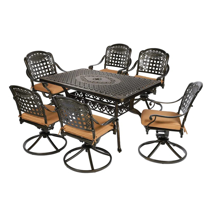 Wildon Home® Wildon Home® 7-piece Outdoor Furniture Dining Set, All-weather Cast Aluminum Patio Conversation Set, Include 6 Swivel Dining Chairs And A Rectangle Table With Umbrella Hole, khaki/green Cushion