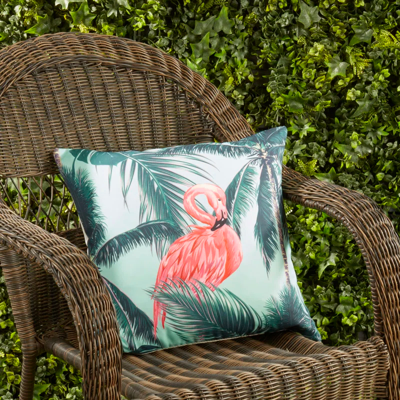 Saro Tropical Flamingo and Palm Tree Outdoor Pillow with Poly Fill