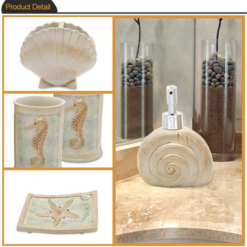 Rosecliff Heights Set, 5 PCS Beach Seashells Ensemble Set Includs Soap Dispenser, Soap Dish, Tumbler, Toothbrush Holder - Ivory Polyresin Set For Home, Office, Superior Hotel | Wayfair