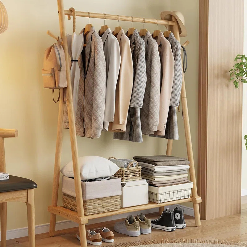 Rebrilliant Solid Wood Clothes Rack, Clothing Rack With Shelf And Hook, Sturdy And Portable, Garment Rack For Hanging Clothes,Coats,Skirts,Shoes,Bags,Easy To Assemble (Natural)