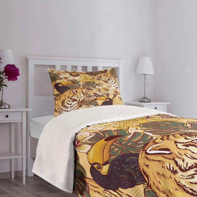 Ambesonne Ambesonne Tiger Bedspread Set Tropical Bengal Toucan Earth Yellow Dark Blue