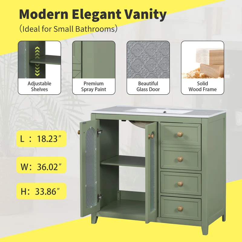 36-inch Bathroom Vanity With Two Soft Close Doors, Adjustable Shelves And Three Soft Close Drawers